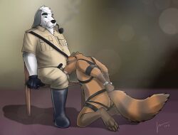 2015 absurd_res anthro anthro_on_anthro anthro_penetrated anthro_penetrating anthro_penetrating_anthro barely_visible_genitalia barely_visible_penis barnaby_(overzen) bdsm black_boots black_clothing black_footwear black_gloves black_handwear black_harness black_nose blue_eyes bondage boots bound brown_body brown_fur canid canine canis chair clothing cuff_(restraint) dated domestic_dog duo eyes_closed floppy_ears footwear fur furniture genitals gloves hair handcuffs handwear harness herding_dog hi_res hufnaar kneeling male male/male male_anthro male_penetrated male_penetrating male_penetrating_male mammal markings metal_cuffs nude old_english_sheepdog orange_body orange_fur overweight overweight_anthro overweight_male pastoral_dog penetration penis penis_in_mouth pink_penis procyonid raccoon restraints sex sheepdog shoes short_hair signature simple_background sitting striped_markings striped_tail stripes tail tail_markings white_body white_fur white_hair