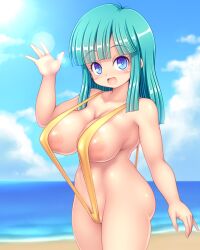 1girls beach beach_background big_breasts blue_eyes blue_hair breasts chabo_(fuketsudan) curvaceous curvaceous_body curvaceous_female curvaceous_figure curvy curvy_figure dragon_ball dragon_ball_z female female_focus female_only maron sling_bikini slingshot_swimsuit solo solo_female solo_focus thick_thighs thighs wide_hips