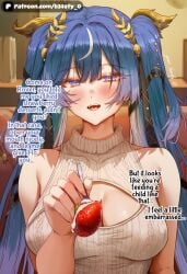 1boy 1girl 1girls ai_generated b34sty_0 blue_eyes blue_hair blush boob_window boobs breasts cleavage_cutout eyes giving_food hair holding_food holding_fork holding_object indoors iuno_(wuthering_waves) long_hair looking_at_viewer male_rover_(wuthering_waves) medium_boobs medium_breasts medium_tits open_mouth patreon rover_(wuthering_waves) sitting sleeveless sleeveless_sweater smile staring_at_viewer strawberry sweater tits twintails watermark white_sweater wuthering_waves