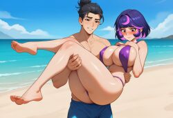 1boy 1girl 1girls ai_generated ass barefoot beach bikini black_hair blizzard_entertainment blue_one-piece_swimsuit blue_sky blue_swimsuit blush breasts brown_eyes bulge cameltoe carrying carrying_partner clothing cloud covered_nipples day feet female hair_bun hetero huge_breasts juno_(overwatch) large_breasts legs leo_dawg male male_swimwear multicolored_hair muscular muscular_male ocean one-piece_swimsuit outdoors overwatch overwatch_2 pink_hair princess_carry purple_hair romantic short_hair sky slingshot_swimsuit smile soles streaked_hair swim_briefs swimsuit teeth thighs toenails toes two-tone_hair water wuyang wuyang_(overwatch)