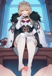 1boy 1girl1boy 1girls ai_generated brinkai dominant_female femdom foot_fetish foot_on_penis footjob from_below genshin_impact humiliated humiliation laugh laughing laughing_at_viewer ojou-sama ojou-sama_pose sandrone_(genshin_impact) self_upload sitting straight twitching twitching_penis white_thighhighs