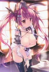 1girl animal_ears apron arm_under_breasts black_ribbon black_thighhighs bottomless bow bow_legwear bowtie breasts breasts_out brown_eyes bust_cup cleavage closed_mouth coffee cowboy_shot cream cream_on_body cup detached_collar detached_sleeves eyebrows fake_animal_ears green_bow green_bowtie groin hair_bow hair_ribbon highres large_breasts leaning_forward long_hair looking_at_viewer maid maid_apron mikeou nipples no_bra open_clothes open_shirt original plate rabbit_ears rabbit_tail red_eyes ribbon shirt solo steam steaming_cup striped_bow striped_bowtie striped_clothes table tail teacup thighhighs twintails very_long_hair wet window wrist_cuffs