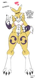 abs anthro athletic bandai_namco breasts canid claws digimon digimon_(species) english_text female genitals harpseal heart hi_res invalid_tag looking_at_viewer mammal meme muscular muscular_female pussy renamon solo text toe_claws