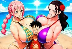 2girls 2girls1boy ai_generated ass beach big_breasts bikini busty face_in_breasts face_on_breast female full_lips huge_breasts luffy male monkey_d_luffy one_piece rebecca_(one_piece) smile tall_female viola_(one_piece)