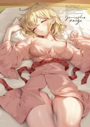1girl blonde_hair bow bow_panties breasts breasts_apart cameltoe closed_eyes collarbone gomashio_ponz highres japanese_clothes kimono long_sleeves lying medium_breasts obi on_back open_clothes original panties pillow pink_kimono red_sash sash short_hair signature sleeping solo tatami thighs underwear white_panties yukata
