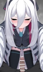 1boy 1girl bar_censor black_hairband black_thighhighs blue_archive censored closed_eyes commentary_request erection hair_between_eyes hairband hetero highres jacket kei_(blue_archive) kei_(student)_(blue_archive) long_hair open_clothes open_jacket penis pov saliva saliva_trail skindentation solo_focus thighhighs tongue tongue_out unamaso white_hair white_jacket