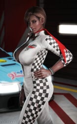 3d big_breasts breasts brown_eyes brown_hair brown_skin brown_skinned_female busty car darts77 dead_or_alive female female_focus female_only hourglass_figure large_breasts lisa_hamilton makeup nail_polish pinup pinup_pose racing_suit scarf short_hair tagme wide_hips
