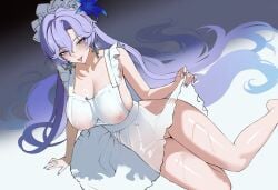 1girl :p apron arm_support ateoyh blue_eyes blue_flower breasts cantarella_(wuthering_waves) collarbone commentary earrings fingernails flower hair_between_eyes hair_flower hair_ornament headdress highres jewelry large_breasts long_hair looking_at_viewer mole mole_under_eye nail_polish naked_apron nipples purple_hair purple_nails pussy see-through_apron see-through_clothes solo tongue tongue_out uncensored unfinished very_long_hair wuthering_waves