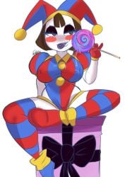 pomni pomni_(the_amazing_digital_circus) pomni_(tadc) sitting drool large_breasts looking_away curvy leotard jester pale-skinned_female 1girl candy blush wants_dick hips