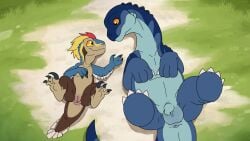alamosaurus balls black_eyes blue_body claws dakotaraptor digital_media_(artwork) dinosaur dromaeosaurid duo feathered_dinosaur feathered_scalie feathers female feral flaccid foreskin genitals grass hi_res humanoid_genitalia humanoid_penis humanoid_vulva innie_vulva kota_(talon) legs_up looking_at_another lunar_dragon_entertainment lying macronarian male multicolored_body multicolored_feathers on_back on_ground outside penis plant prehistoric_species reptile saltasaurid saurischian sauropod sauropodomorph scalie size_difference small_penis smile spreading tail talon_(talon) talon_and_the_champions_of_saurithia theropod titanosaurian vulva yellow_sclera young_(lore) zeklullaby