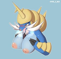 anthro big_breasts blush bodily_fluids breast_play breasts censor_bar censored duo female genitals hi_res looking_pleasured male male/female ne_i_ro nintendo paizuri penis pokémon_(species) pokemon samurott sex simple_background steam sweat titjob video_games watermark whiskers