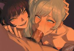 1boy 2girls ai_generated assisted_fellatio blake_belladonna cheating deepthroat irrumatio kizirugai looking_at_another pushing rwby saliva_on_penis small_breasts smirk snout tagme tears weiss_schnee