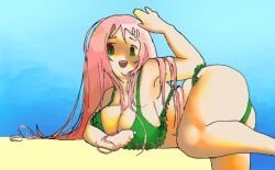 1girl ass beach big_ass big_breasts bikini momone_momo pink_hair solo utau utauloid
