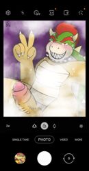 anthro belly blush blush_lines bodily_fluids bowser budpup claws collar collar_only cum english_text erection foggy genital_fluids genitals gesture hi_res horn koopa male male_focus male_only mario_(series) nintendo nude penis photo red_eyes sauna scalie selfie sharp_claws sharp_teeth shell signature smile smiling_at_viewer solo solo_male spiked_collar spiked_penis spiked_shell spikes spikes_(anatomy) sweat sweatdrop teeth text v_sign video_games