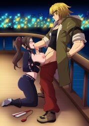 absurdres beard_stubble blonde_hair blush breasts breasts_out breasts_squeezed_together brown_hair capcom capcom_vs._snk_2 chain chain_around_neck city_lights clothed_sex clothes_pull drooling erection facial_hair fatal_fury fatal_fury:_city_of_the_wolves gloves hand_fan hand_on_another's_head highres ken_masters kmkz-art kneeling licking long_coat mai_shiranui night non-web_source outdoors paizuri pants pants_pull penis ponytail saliva sex shiranui_mai snk standing standing_sex street_fighter street_fighter_6 stubble the_king_of_fighters tongue tongue_out water
