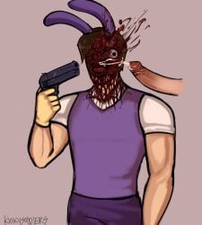 1boy blood blood_on_face blood_splatter bloody_clothes cum_on_face death disfigured gore gun_to_head guro hard_gore head_explosion humanized jax_(the_amazing_digital_circus) kinkysoldiers necrophilia offscreen_male penis shot snuff suicide the_amazing_digital_circus