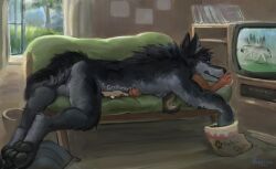 2026 absurd_res anthro backsack balls belly_smother black_body blue_eyes brown_body canid canine canis chips_(food) clint_(clintowolfo) digital_drawing_(artwork) digital_media_(artwork) domestic_dog duo feet food furniture genitals green_sofa hi_res kodacine larger_male laying_on_another male male/male mammal pawpads pillow potato_chips revel_(rabidchipmunk) shikoku_ken size_difference smaller_male smothering sofa spitz tail watching_television wolf