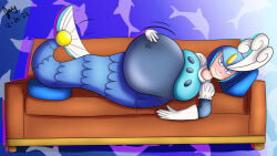 blue_hair blue_hair_female capcom enjoying_pregnancy fembot humanoid lying_on_couch mega_man mermaid mermaid_girl mermaid_tail pregnant pregnant_belly pregnant_female pregnant_robot splash_woman super_belly