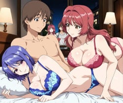1girls 4girls ai_generated aniyome_wa_ijippari big_breasts blue_hair blue_lingerie breasts brown_hair busty canon_throuple cleavage hentai hentai_series katsuragi_mai katsuragi_tsutomu large_breasts lingerie lingerie_only long_hair lover-in-law red_hair red_lingerie redhead short_hair tagme takama_kozue throuple