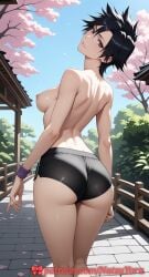 1girls ai_generated arisawa_tatsuki ass ass_focus back behind_view big_ass black_hair bleach bleach:_the_thousand-year_blood_war breasts brown_eyes erect_nipples feet_out_of_frame female female_only from_behind full_body hard_nipples hi_res highres hips kneepits light-skinned_female looking_at_viewer looking_back medium_breasts natsuyoru nipples parted_lips patreon pink_nipples pov public_nudity rear_view shorts smile solo solo_female standing thighs topless