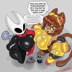 animal_humanoid anthro armwear arthropod big_butt black_armwear black_body black_clothing black_exoskeleton black_eyes black_legwear black_nose black_shirt black_topwear breast_squish breasts brown_body brown_fur brown_hair butt cape cat_humanoid clothing crossover dialogue english_text exoskeleton eyewear eyewear_on_head felid felid_humanoid feline feline_humanoid female female/female fur gameoverse glitch_productions goggles goggles_on_head hair heart_symbol hi_res hollow_knight_(franchise) hornet_(hollow_knight) huge_thighs humanoid humanoid_on_anthro kaboodle_(gameoverse) kit_(gameoverse) kit_bodega legwear lordmaksmiks machine mammal mammal_humanoid protagonist_(hollow_knight) purple_eyes red_cape red_clothing red_eyewear red_goggles robot shirt side_boob smile speech_bubble squish tan_body tan_skin team_cherry text the_knight_(hollow_knight) thick_thighs topwear under_breasts vessel_(species) whiskers white_body white_exoskeleton wide_hips yellow_clothing yellow_legwear yellow_shirt yellow_topwear