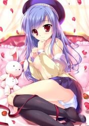 1girl aria_(sister_princess) ass bed black_socks blush breasts cameltoe food frilled_pillow frills fruit hat kneehighs long_hair looking_at_viewer lying mikeou nipples no_bra no_shoes off_shoulder on_bed on_side open_clothes open_shirt panties petals pillow pleated_skirt purple_hair red_eyes ribbon shirt sister_princess skirt small_breasts smile socks solo strawberry stuffed_toy underwear white_panties