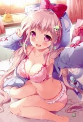 1girl animal_hood arm_up barefoot bedroom bird blue_hoodie bow bow_bra bra breasts candy cat_hood cat_tail chick curtains food frilled_panties frills from_side gift hair_ornament highres hood hood_up hoodie indoors large_breasts lollipop long_hair long_sleeves looking_at_viewer mikeou multi-strapped_panties no_pants on_bed open_clothes open_hoodie open_mouth original panties pink_bra pink_eyes pink_hair pink_panties selfie sitting smile solo tail underwear v very_long_hair wariza