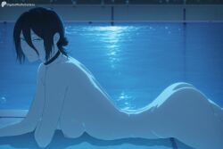 1girl ai_generated ass black_choker black_hair breasts chainsaw_man choker completely_nude digitalwaifugallery from_side green_eyes hair_between_eyes hair_bun hi_res high_quality high_resolution looking_at_viewer lying medium_breasts nipples nude patreon patreon_username pool poolside reze_(chainsaw_man) seductive sexy short_hair single_hair_bun smile solo uncensored water watermark wet