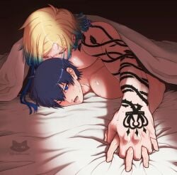 penetration_from_behind bed bed_covers holding_hands blue_lock isagi_yoichi michael_kaiser sex gay gay_sex male/male