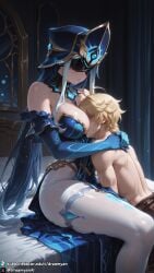 ai_generated dreamyan_ai highres breasts uncensored hi_res high_resolution high_quality thick_thighs thighs thick_ass 1girls curvy curvy_female curvy_body clothed clothed_female big_breasts large_breasts taller_female tall_female pantyhose white_pantyhose blindfold blindfolded mirror_maiden_(genshin_impact) genshin_impact hug face_between_breasts aether_(genshin_impact) sitting spread_legs legs legs_apart legs_spread