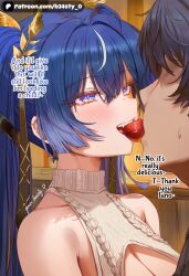 1boy 1boy1girl 1boy1girls 1girl 1girl1boy 1girls ai_generated b34sty_0 blue_eyes blue_hair blush boob_window boobs breasts cleavage_cutout eyes food_in_mouth from_side hair holding indoors iuno_(wuthering_waves) long_hair looking_at_another looking_at_partner male_rover_(wuthering_waves) medium_boobs medium_breasts medium_tits patreon rover_(wuthering_waves) sleeveless sleeveless_sweater smile strawberry sweatdrop sweater sweating teeth tits twintails watermark white_sweater wuthering_waves
