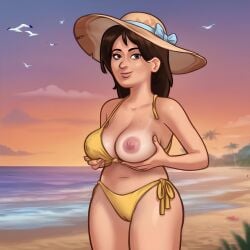 summertime_saga debbie_(summertime_saga) ai_assisted ai_generated 2d 2d_(artwork) digital_media_(artwork) digital_drawing_(artwork) 1girls female female_only female_focus light-skinned_female light_skin milf hat headwear beach beach_background standing presenting presenting_breasts showing_off bikini bikini_top bikini_bottom bra panties yellow_bikini yellow_panties yellow_bra thick_thighs cameltoe vagina pussy pussy_lips pussy_peek breasts_out areolae areola nipples breast_grab hand_on_breast brown_hair brunette looking_at_viewer sunset sunrise