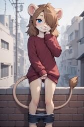 ai_generated anthro blue_eyes brown_body brown_hair feline female flashing furry hair_over_one_eye lion no_panties pussy shorts_down sweater_lift young