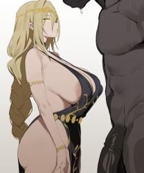 1boy 1girls breasts dark-skinned_male dark_skin elden_ring exposed_hips female female_focus hip_cleavage hip_focus large_breasts light-skinned_female light_skin male penis queen_marika_the_eternal thick_thighs thighs toma_(toma50) white_background wide_hips