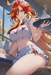 1girls 2026 ai_generated alternate_costume belly_button big_ass big_breasts big_butt big_thighs day exposed_ass exposed_breasts exposed_legs exposed_midriff female female_focus female_only genshin_impact holding_object hoyoverse long_hair looking_at_viewer lunealter maid maid_headdress maid_uniform mature_female mavuika_(genshin_impact) midriff mihoyo pale-skinned_female pale_skin partially_clothed red_eyes red_hair red_lipstick sfw sitting thick_ass thick_butt thick_hips thick_legs thick_thighs uncensored