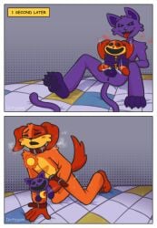 absurd_res anthro balls black_eyes blush blush_lines bodily_fluids canid canine canis catnap_(poppy_playtime) comic comic_panel dirtygum dogday_(poppy_playtime) domestic_cat domestic_dog duo english_text felid feline felis feral fur genitals hi_res male male/male mammal mascot_horror masturbation mob_entertainment orange_body pawpads paws plushie plushophilia poppy_playtime purple_body simple_background smile smiling_critters solo speech_bubble steam steamy_breath sweat sweatdrop tail text tongue tongue_out white_eyes yellow_body yellow_fur
