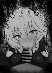 1boy 1girls :>= bar_censor big_penis black_and_white blowjob blue_archive blush breasts censored dark-skinned_male dark_skin detailed_background drooling erection erika_(blue_archive) eyelashes fellatio female gehenna_academy_student heart horn humanoid indoor inside interspecies kurotama looking_at_viewer male male_pov monochrome oral oral_sex penis room saliva shiny shiny_skin short_hair sound_effects sparkle_club_(blue_archive) squatting straight sweat text tongue tongue_out vein veins veiny veiny_penis