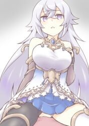 1boy 1girl akara_kai asymmetrical_legwear bad_id bad_pixiv_id blue_gem blue_skirt breasts cleavage_cutout clothing_cutout cowgirl_position empty_eyes gem grimms_notes hand_up hetero highres large_breasts looking_at_viewer magic_mirror_(grimms_notes) mismatched_legwear parted_lips sex single_thighhigh skirt solo_focus straddling thighhighs vaginal white_thighhighs