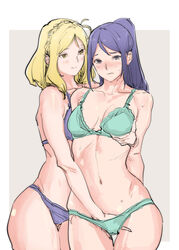 2girls amanda_kenny arms_behind_back bare_shoulders blonde_hair blush border bra closed_mouth collarbone fingering frilled_bra frilled_panties frills green_bra green_panties hand_in_another's_panties hand_in_panties hand_on_another's_chest highres long_hair looking_at_another looking_pleasured love_live! love_live!_sunshine!! matsuura_kanan medium_hair multiple_girls navel ohara_mari panties ponytail purple_bra purple_eyes purple_panties shiny shiny_skin sketch smile sweat underwear white_border yellow_eyes yuri