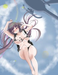 1girls airborne azur_lane belly_button bikini black_bikini black_hair blue_sky bouncing_breasts breasts cosplay daytime eyebrows_visible_through_hair female female_only helicopter himemiya_rie huge_breasts ivan_ramirez light-skinned_female light_skin mogador_(diving_for_desire)_(azur_lane) phase_alias phase_connect pink_eyes pink_hair sky skydiving solo two-tone_hair virtual_youtuber