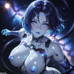 (titancore) ai_generated big_breasts blue_eyes blue_skin cortana curvy_figure cute_girl cyber_girl female galaxy girl halo halo_(game) halo_(series) naked perfect_body short_hair space stars video_game_character