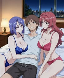 1girls 2girls ai_generated aniyome_wa_ijippari blue_hair brown_hair canon_throuple hentai hentai_series katsuragi_mai katsuragi_tsutomu lingerie long_hair lover-in-law red_hair short_hair tagme takama_kozue throuple
