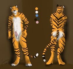 2015 anthro balls blue_eyes dated erection felid front_view fur genitals glistening glistening_eyes hand_on_hip hi_res hufnaar humanoid_genitalia humanoid_penis male male_anthro mammal markings model_sheet mouth_closed nude pantherine penis pink_penis rear_view slim_anthro slim_male solo standing striped_arms striped_back striped_legs striped_markings striped_neck striped_tail stripes tail tail_markings tiger white_balls white_body white_fur yellow_body yellow_fur