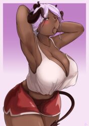 1girls armpits big_breasts booty_shorts camerata cleavage clothed clothing dark-skinned_female dark_skin female hair_tie horns looking_at_viewer original_character shorts skimpy_clothes solo solo_female solo_focus tagme tail tank_top thick_thighs tying_hair