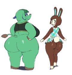 2girls animal_crossing ass big_ass big_breasts big_butt bottomless brown_fur brown_hair carmen_(animal_crossing) dreaminerryday dress duo elephant elephantid eyelashes eyeshadow female fur green_body green_hair hand_on_hip hands_on_hips huge_ass huge_butt lagomorph looking_at_viewer looking_back nintendo opal_(animal_crossing) rabbit thick_thighs trunk_(anatomy) video_games white_fur wide_hips