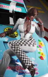 3d big_breasts breasts brown_eyes brown_hair brown_skin brown_skinned_female busty car darts77 dead_or_alive female female_focus female_only hourglass_figure large_breasts lisa_hamilton makeup nail_polish pinup pinup_pose racing_suit scarf short_hair tagme wide_hips