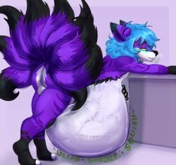 absurd_res anthro balls belly body_reliefs butt canid canine canis digestion digestion_noises dominant duo fatal_vore fox fox_spirit genitals hi_res imminent_death kaspher male mammal nyx_tsuharami pingopony preasure purple rumbling_stomach vore wolf