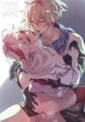 2boys anal ass azuma_(azuma10270724) bangs black_gloves blonde_hair blue_scarf blush closed_eyes crossed_bangs cum genshin_impact gloves hair_between_eyes half-closed_eyes highres japanese_clothes kaedehara_kazuha long_hair male_focus multicolored_hair multiple_boys nose_blush open_mouth overflow ponytail red_eyes red_legwear saliva saliva_trail scar scar_on_face scarf sex streaked_hair sweat tears thighhighs tomo_(genshin_impact) tongue tongue_out twitter_username white_hair yaoi