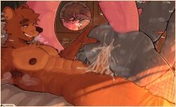 abs anal anal_penetration anthro armpit_hair bear big_butt bodily_fluids body_hair brown_body brown_fur butt cum cum_in_ass cum_inside dragon duo ear_piercing ear_ring eye_scar facial_scar fur genital_fluids grey_body grey_scales hi_res male male/male mammal muscular muscular_anthro muscular_male mythological_creature mythological_scalie mythology nick7005 on_bottom on_top penetration penile penile_penetration penis_in_ass piercing reverse_cowgirl_position ring_piercing scales scalie scar sex tail thick_tail