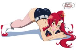 ass ass_up big_ass big_breasts bikini_top blush boots booty_shorts female female_only hair_ornament hairclip jack-o_pose jackochallenge long_hair looking_at_viewer open_mouth pink_thighhighs ponytail red_hair redradrebel smile solo tengen_toppa_gurren_lagann thick_thighs thighhighs yellow_eyes yoko_littner